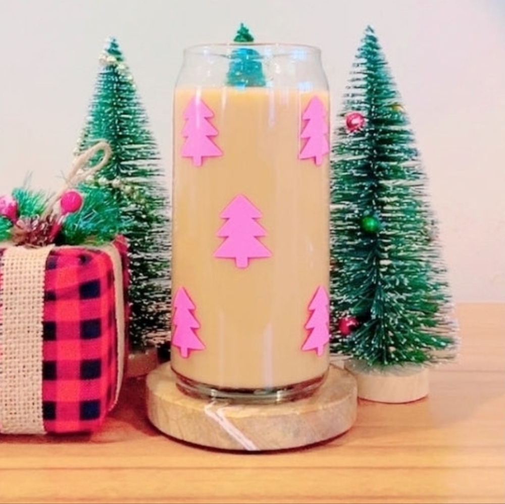 Pink Christmas Tree Glass Can Cups Tumblers w/ Bamboo Lid & Glass Straw